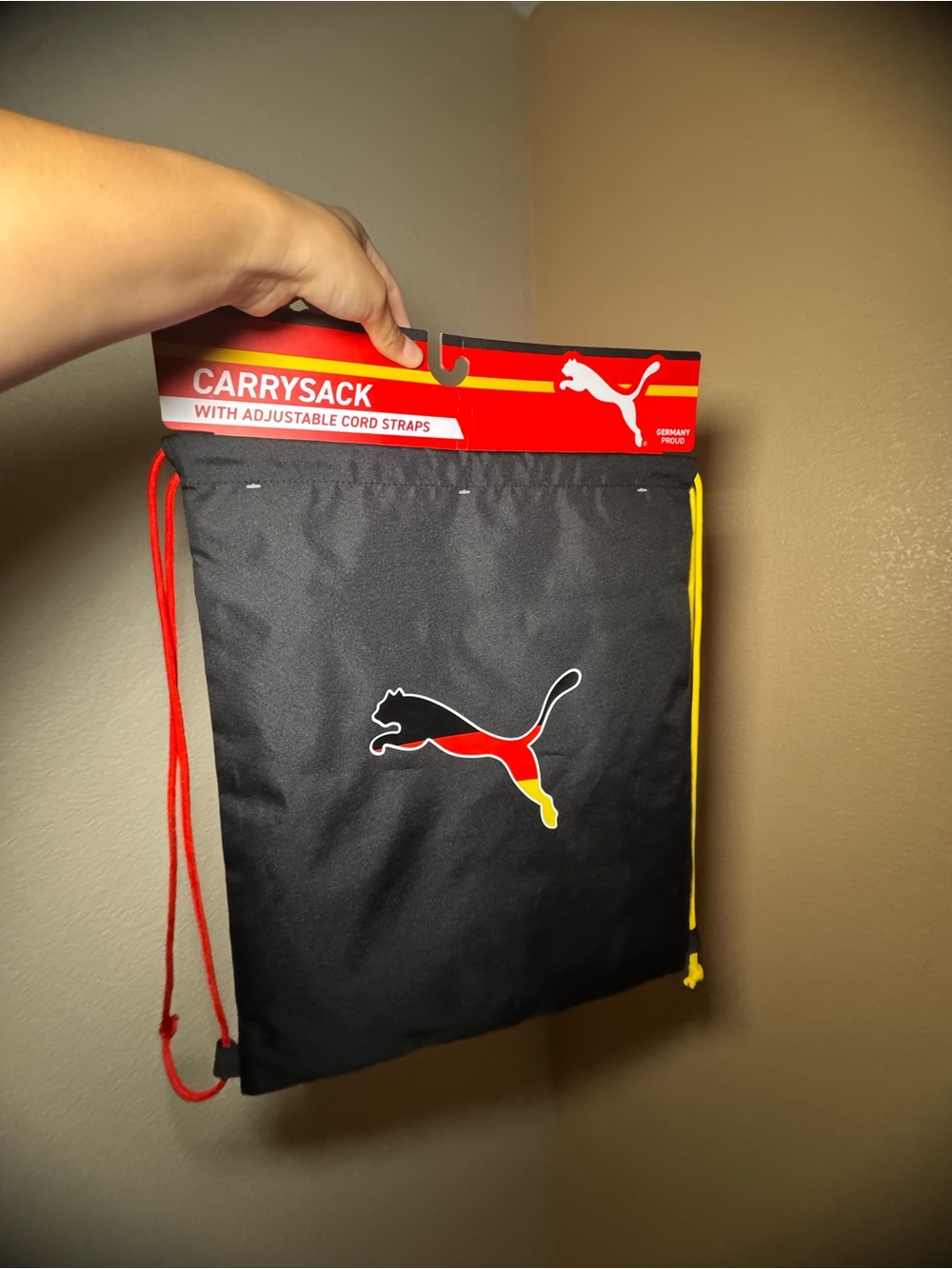 Puma Germany Black Drawstring Carry Sack with Red and Yellow Cords